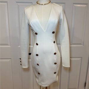 Fashion Nova White Long Sleeve Dress with Button Accents